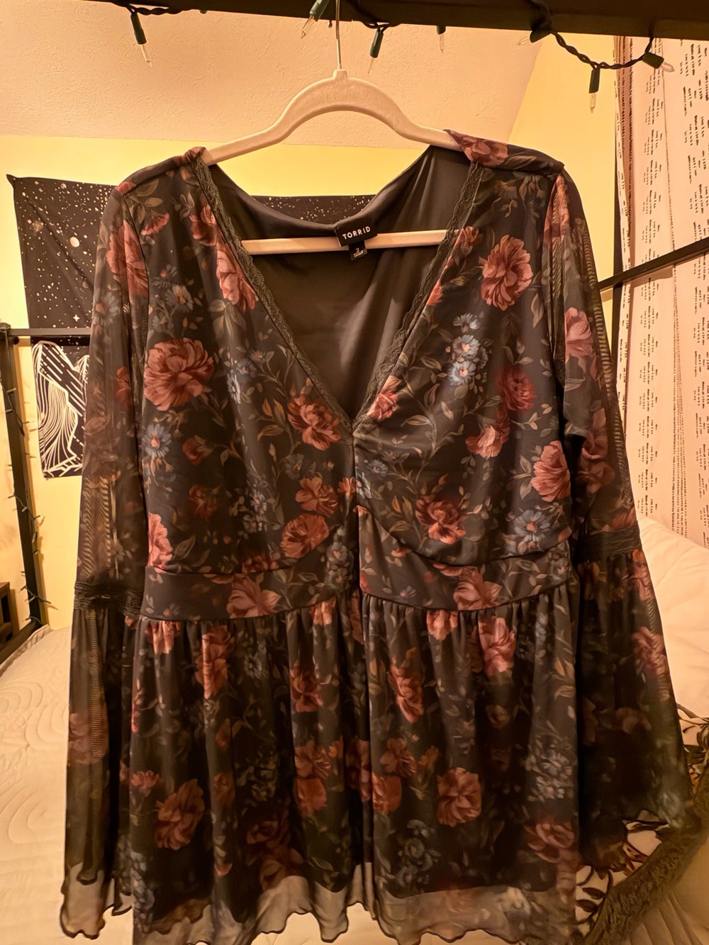 Torrid Black Floral Sheer V-Neck Peplum Top with Mauve Roses